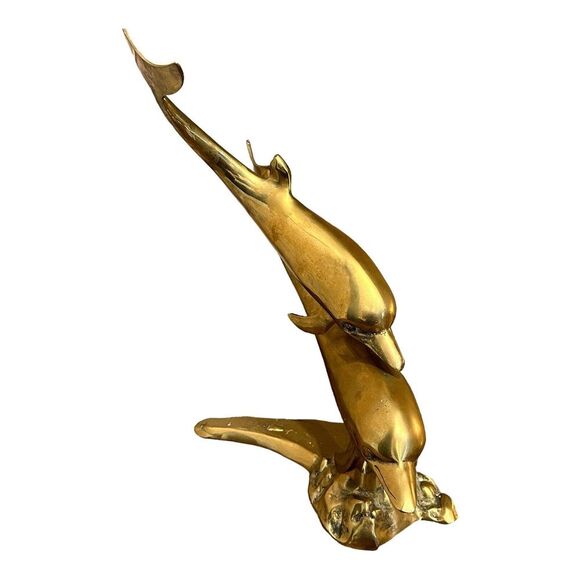 Vintage Dolphin Pair 14" Swimming Nautical Sea Ocean‎ Yellow Brass Polished - Picture 3 of 10